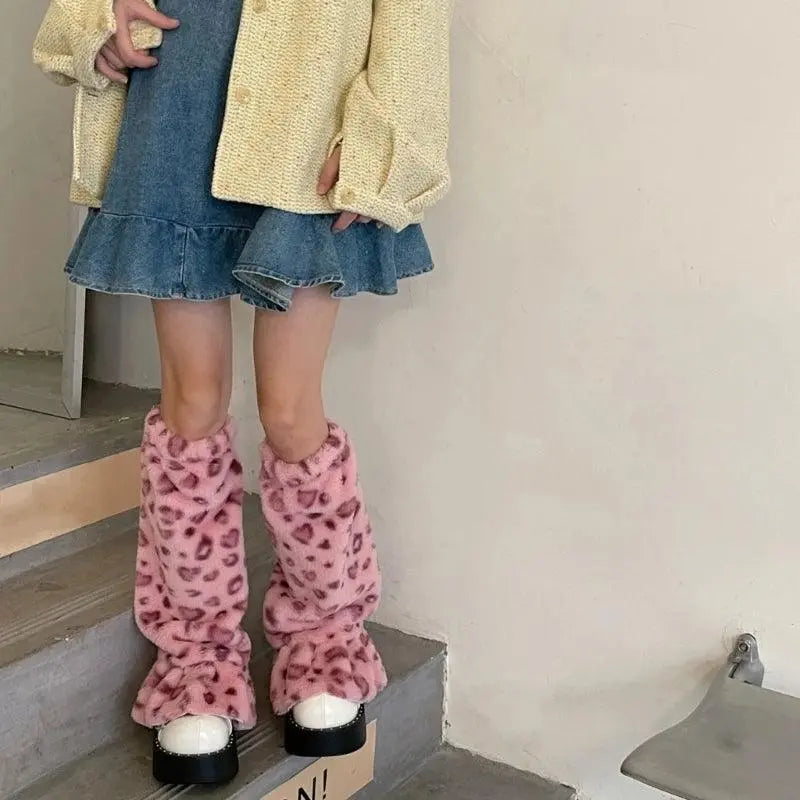 Women Harajuku Plush Leg Warmers Leopard Print Ruffled Baggy Foot Cover Socks - SS69