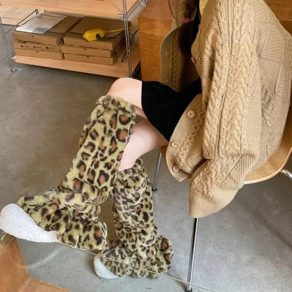 Women Harajuku Plush Leg Warmers Leopard Print Ruffled Baggy Foot Cover Socks - SS69