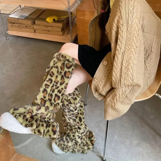 Women Harajuku Plush Leg Warmers Leopard Print Ruffled Baggy Foot Cover Socks - SS69