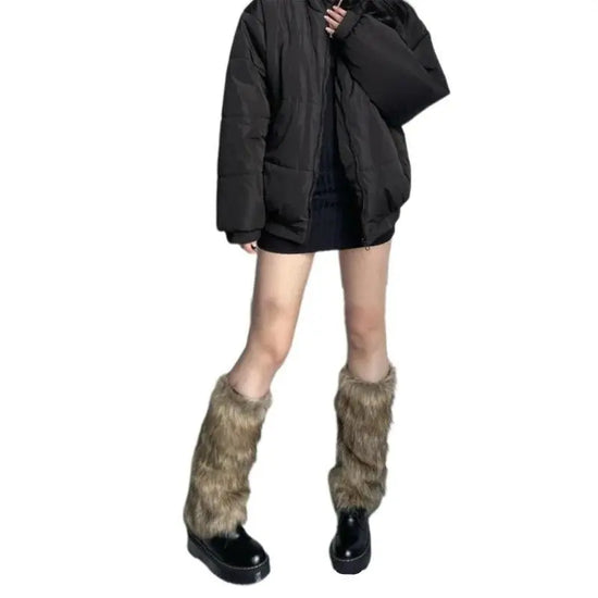 Women Harajuku Plush Leg Warmers Leopard Print Ruffled Baggy Foot Cover Socks - SS69