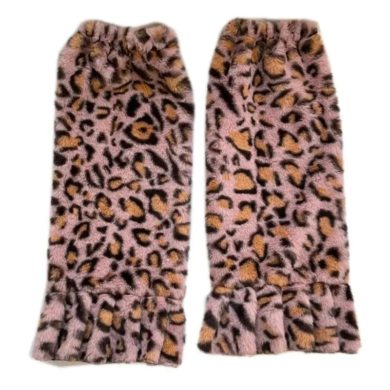 Women Harajuku Plush Leg Warmers Leopard Print Ruffled Baggy Foot Cover Socks - SS69