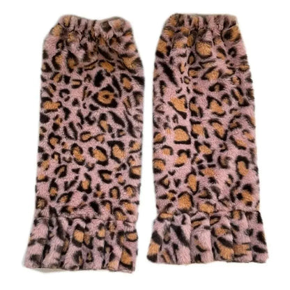 Women Harajuku Plush Leg Warmers Leopard Print Ruffled Baggy Foot Cover Socks - SS69