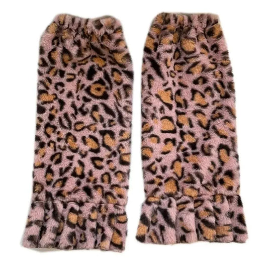 Women Harajuku Plush Leg Warmers Leopard Print Ruffled Baggy Foot Cover Socks - SS69