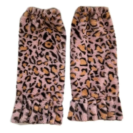 Women Harajuku Plush Leg Warmers Leopard Print Ruffled Baggy Foot Cover Socks - SS69