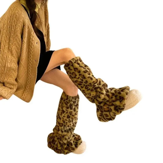 Women Harajuku Plush Leg Warmers Leopard Print Ruffled Baggy Foot Cover Socks - SS69
