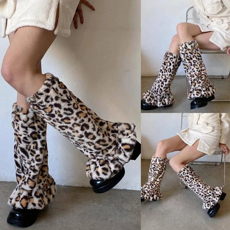 Women Harajuku Plush Leg Warmers Leopard Print Ruffled Baggy Foot Cover Socks SS69