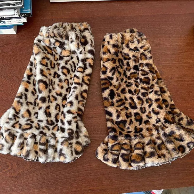 Women Harajuku Plush Leg Warmers Leopard Print Ruffled Baggy Foot Cover Socks SS69