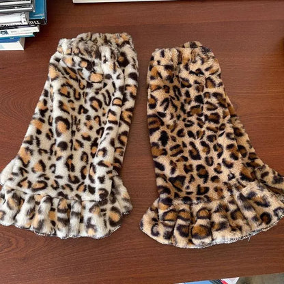 Women Harajuku Plush Leg Warmers Leopard Print Ruffled Baggy Foot Cover Socks SS69