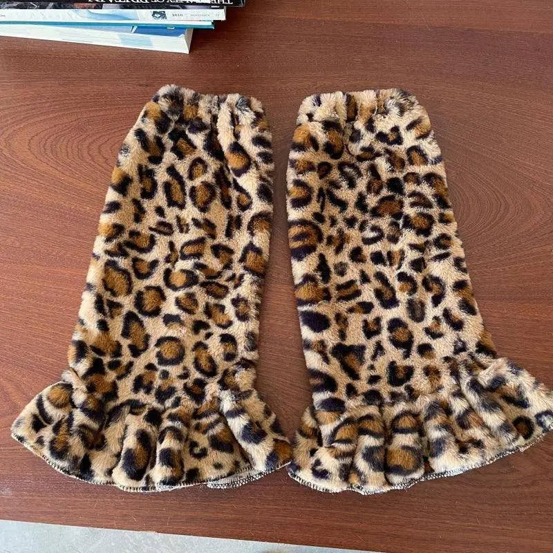 Women Harajuku Plush Leg Warmers Leopard Print Ruffled Baggy Foot Cover Socks SS69
