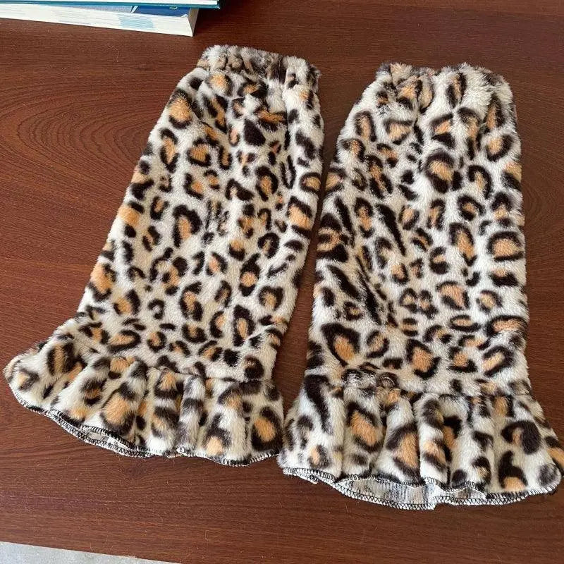 Women Harajuku Plush Leg Warmers Leopard Print Ruffled Baggy Foot Cover Socks SS69