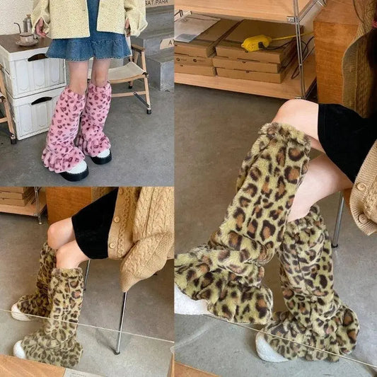 Women Harajuku Plush Leg Warmers Leopard Print Ruffled Baggy Foot Cover Socks SS69