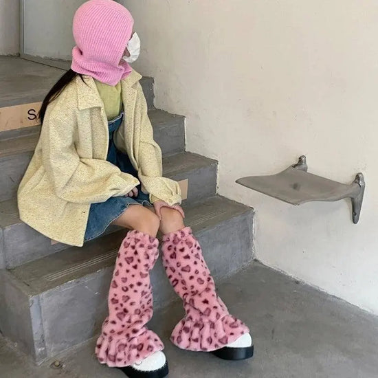 Women Harajuku Plush Leg Warmers Leopard Print Ruffled Baggy Foot Cover Socks SS69