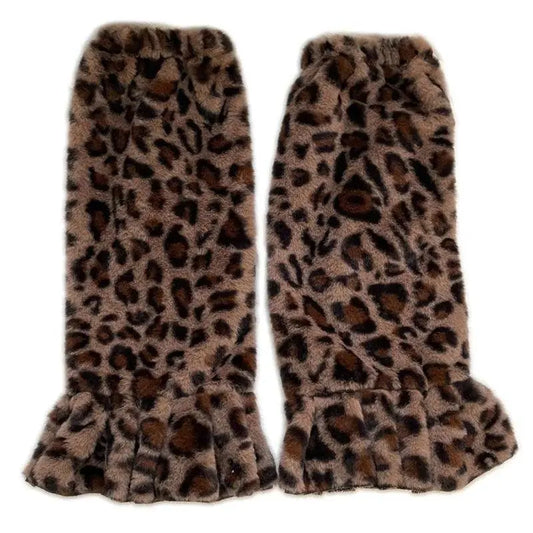 Women Harajuku Plush Leg Warmers Leopard Print Ruffled Baggy Foot Cover Socks SS69 9.69 D / One Size