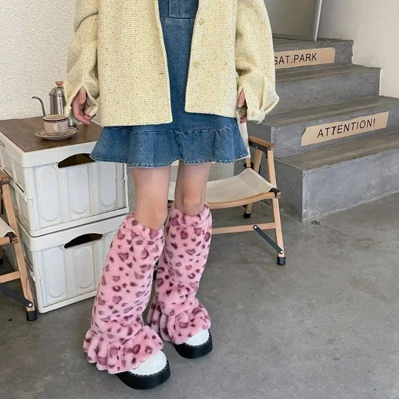 Women Harajuku Plush Leg Warmers Leopard Print Ruffled Baggy Foot Cover Socks SS69