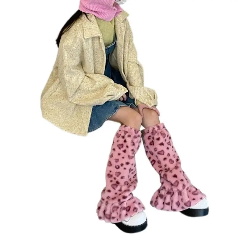 Women Harajuku Plush Leg Warmers Leopard Print Ruffled Baggy Foot Cover Socks SS69 10.69 C / One Size