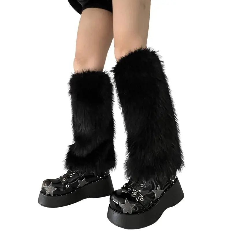 Women Harajuku Plush Leg Warmers Leopard Print Ruffled Baggy Foot Cover Socks SS69 26.69 BK-E-40CM / One Size