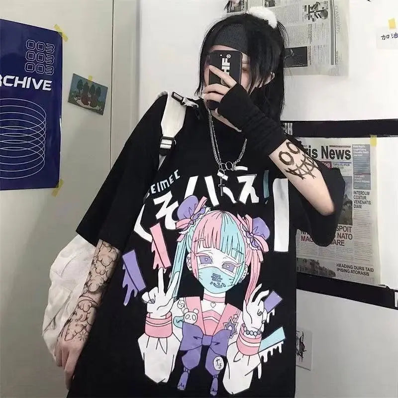 Women Harajuku T-Shirt Summer Cotton Tshirt Graphic Tee Top Pastel Goth Gothic Print Clothing Anime Emo Alt Clothes for Girl - SS69