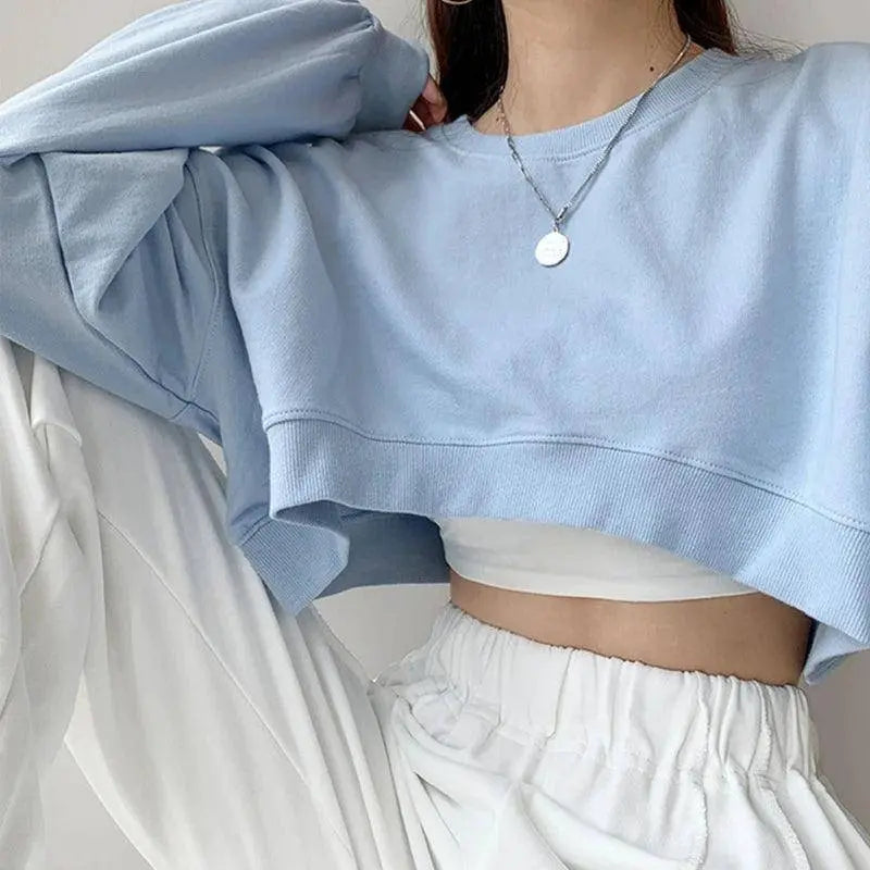 Women Long Sleeve Cropped Crop Top Hoodies Sweatshirt Causal Loose Pullover Tops Dropship SS69