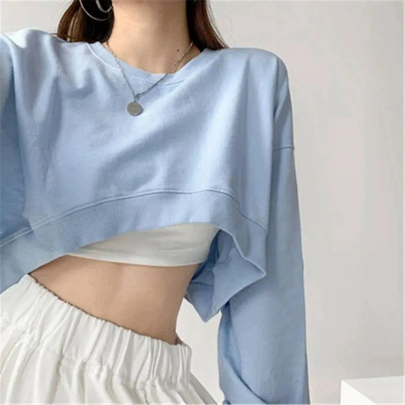 Women Long Sleeve Cropped Crop Top Hoodies Sweatshirt Causal Loose Pullover Tops Dropship SS69