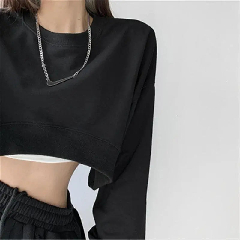 Women Long Sleeve Cropped Crop Top Hoodies Sweatshirt Causal Loose Pullover Tops Dropship SS69