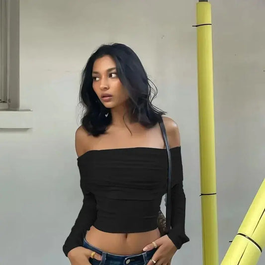 Women Off Shoulder Long Sleeve Slim Tops and Blouses Mesh Ruched Crop Tops Summer Autumn Y2K Sexy Elegant Shirts Female SS69