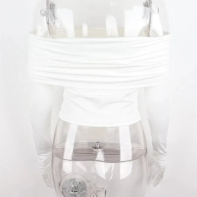 Women Off Shoulder Long Sleeve Slim Tops and Blouses Mesh Ruched Crop Tops Summer Autumn Y2K Sexy Elegant Shirts Female SS69