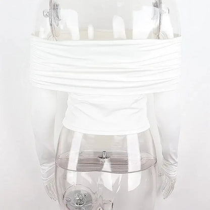 Women Off Shoulder Long Sleeve Slim Tops and Blouses Mesh Ruched Crop Tops Summer Autumn Y2K Sexy Elegant Shirts Female SS69