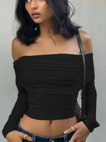 Women Off Shoulder Long Sleeve Slim Tops and Blouses Mesh Ruched Crop Tops Summer Autumn Y2K Sexy Elegant Shirts Female SS69