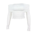 Women Off Shoulder Long Sleeve Slim Tops and Blouses Mesh Ruched Crop Tops Summer Autumn Y2K Sexy Elegant Shirts Female SS69