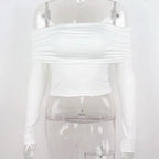 Women Off Shoulder Long Sleeve Slim Tops and Blouses Mesh Ruched Crop Tops Summer Autumn Y2K Sexy Elegant Shirts Female SS69