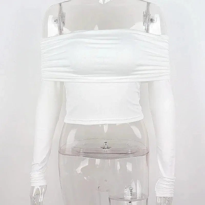 Women Off Shoulder Long Sleeve Slim Tops and Blouses Mesh Ruched Crop Tops Summer Autumn Y2K Sexy Elegant Shirts Female SS69