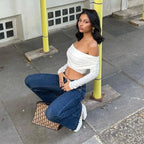 Women Off Shoulder Long Sleeve Slim Tops and Blouses Mesh Ruched Crop Tops Summer Autumn Y2K Sexy Elegant Shirts Female SS69