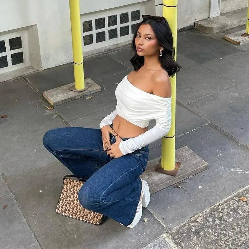 Women Off Shoulder Long Sleeve Slim Tops and Blouses Mesh Ruched Crop Tops Summer Autumn Y2K Sexy Elegant Shirts Female SS69