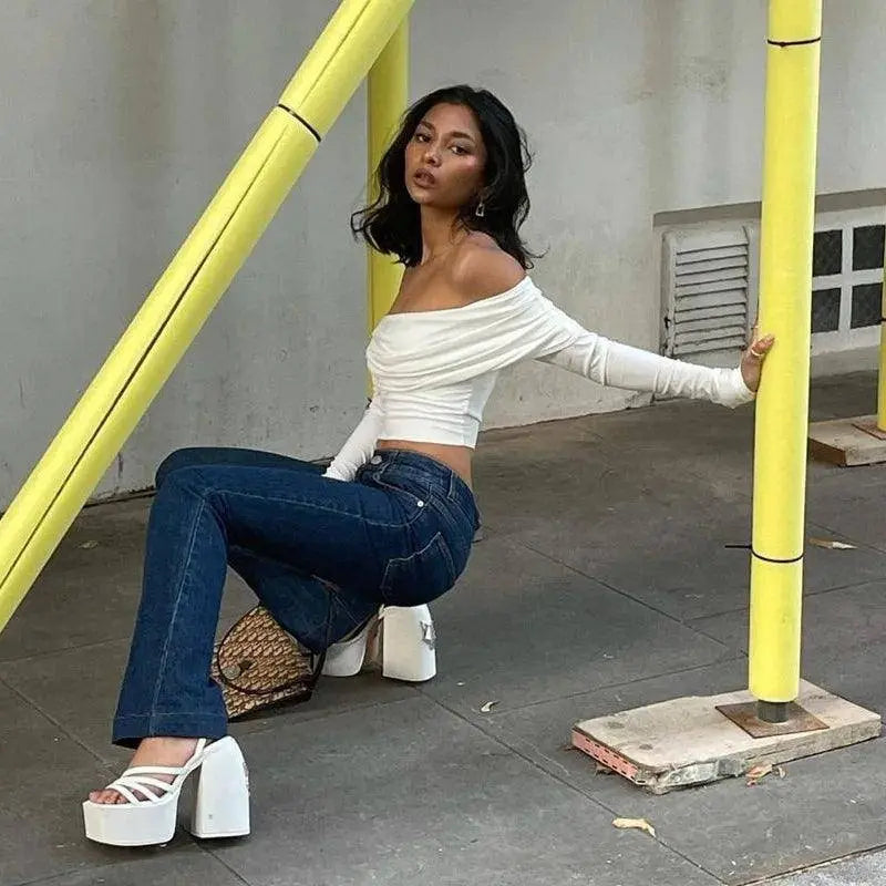 Women Off Shoulder Long Sleeve Slim Tops and Blouses Mesh Ruched Crop Tops Summer Autumn Y2K Sexy Elegant Shirts Female SS69