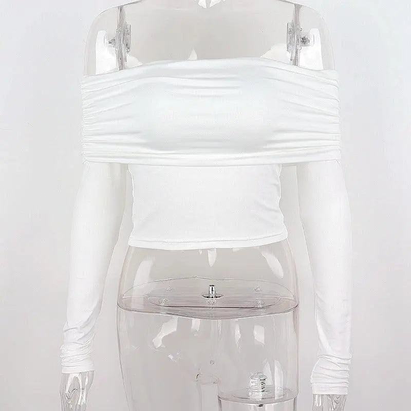 Women Off Shoulder Long Sleeve Slim Tops and Blouses Mesh Ruched Crop Tops Summer Autumn Y2K Sexy Elegant Shirts Female SS69