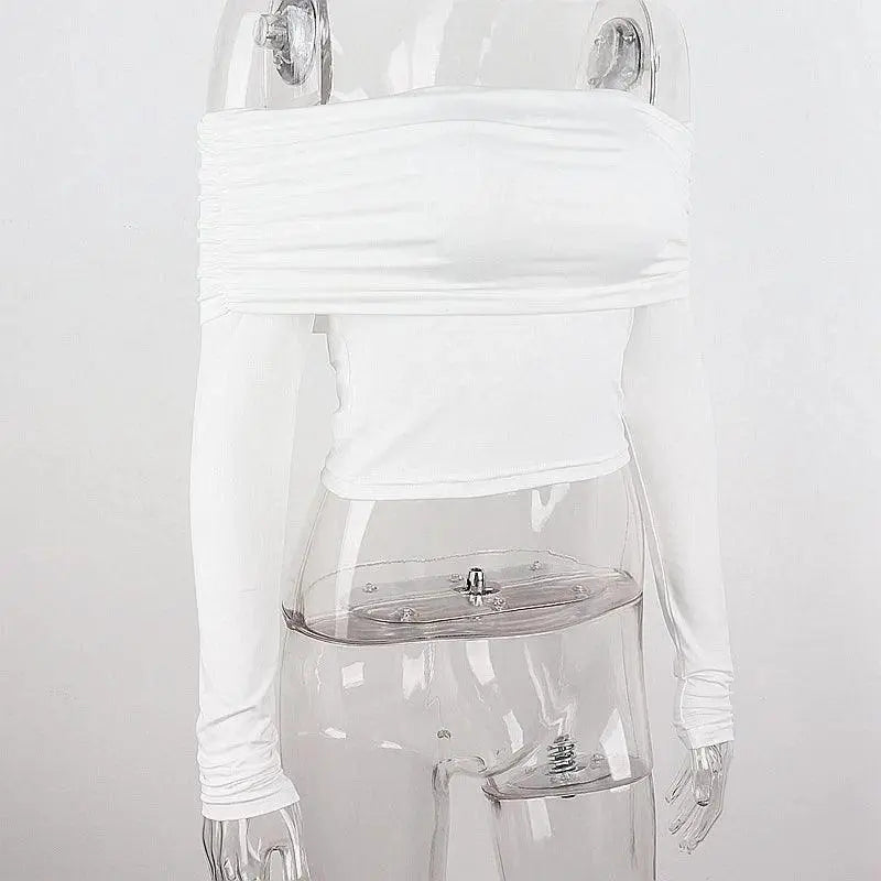 Women Off Shoulder Long Sleeve Slim Tops and Blouses Mesh Ruched Crop Tops Summer Autumn Y2K Sexy Elegant Shirts Female SS69