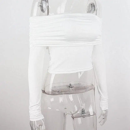 Women Off Shoulder Long Sleeve Slim Tops and Blouses Mesh Ruched Crop Tops Summer Autumn Y2K Sexy Elegant Shirts Female SS69