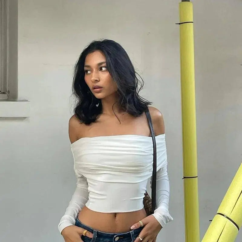 Women Off Shoulder Long Sleeve Slim Tops and Blouses Mesh Ruched Crop Tops Summer Autumn Y2K Sexy Elegant Shirts Female SS69