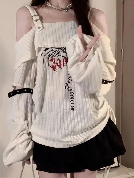 Women Print Pullover Knitted Sweater Harajuku Korean Y2k Long Sleeves Oversize Sweaters Jumper Vintage 2000s Clothes 2025 Autumn SS69