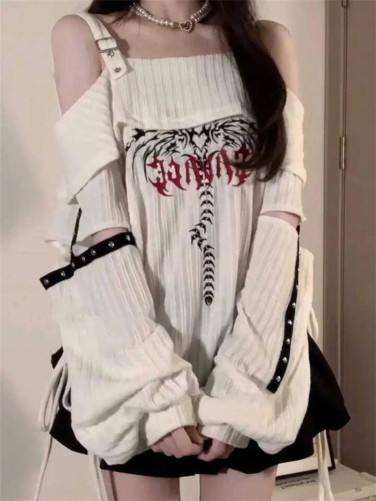 Women Print Pullover Knitted Sweater Harajuku Korean Y2k Long Sleeves Oversize Sweaters Jumper Vintage 2000s Clothes 2025 Autumn SS69