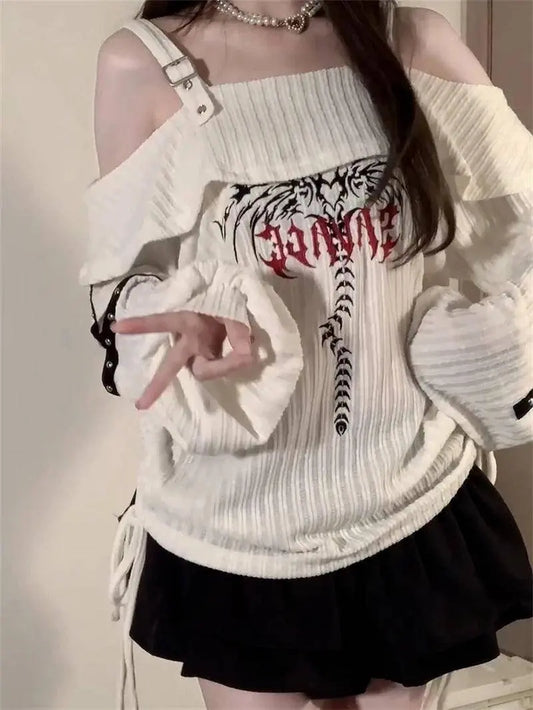 Women Print Pullover Knitted Sweater Harajuku Korean Y2k Long Sleeves Oversize Sweaters Jumper Vintage 2000s Clothes 2025 Autumn SS69