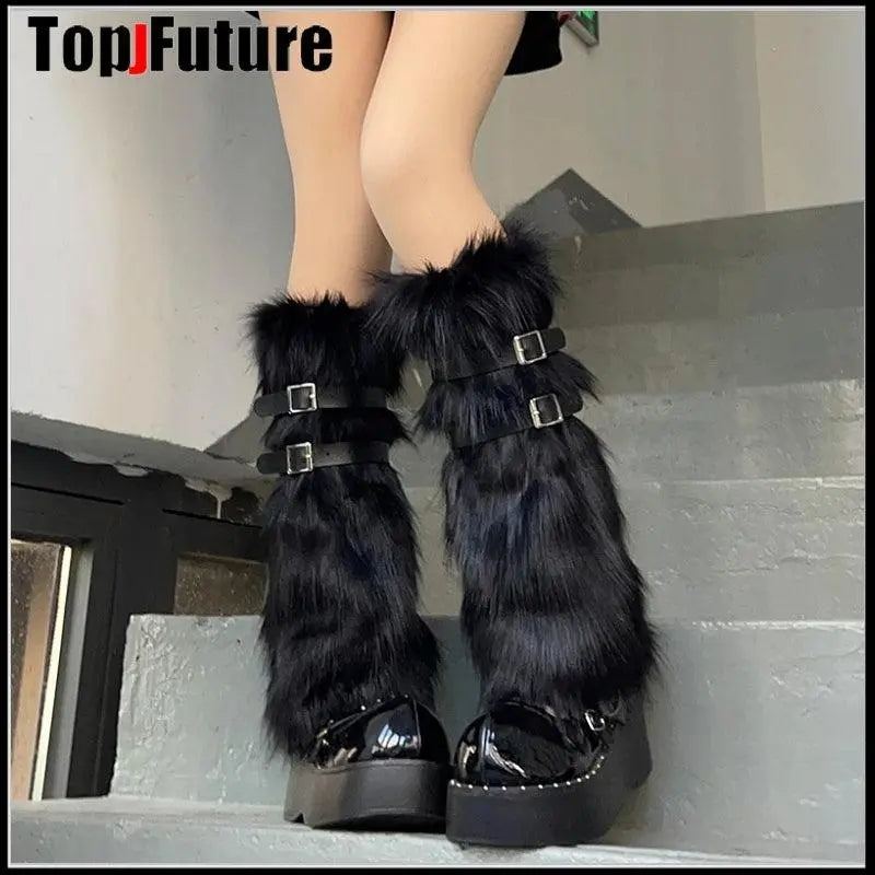 Women Spice Girl Harajuku Punk Black furry gothic Lolita furry Leg Warmer Women Winter Warmer Foot Cover Y2K Girl Leg warmers.
