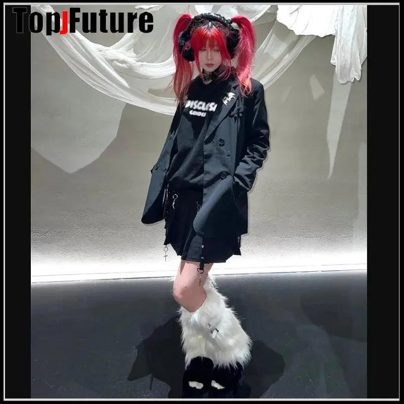 Women Spice Girl Harajuku Punk Black furry gothic Lolita furry Leg Warmer Women Winter Warmer Foot Cover Y2K Girl Leg warmers.