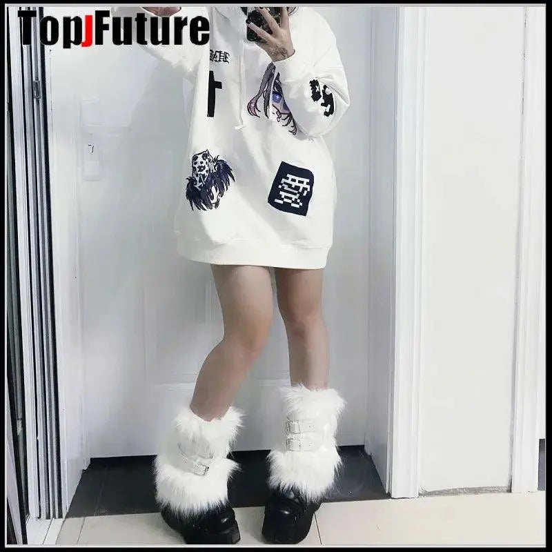Women Spice Girl Harajuku Punk Black furry gothic Lolita furry Leg Warmer Women Winter Warmer Foot Cover Y2K Girl Leg warmers.