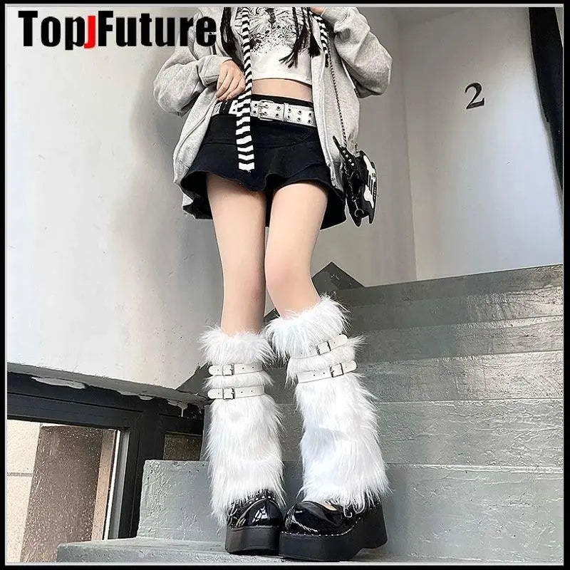 Women Spice Girl Harajuku Punk Black furry gothic Lolita furry Leg Warmer Women Winter Warmer Foot Cover Y2K Girl Leg warmers.