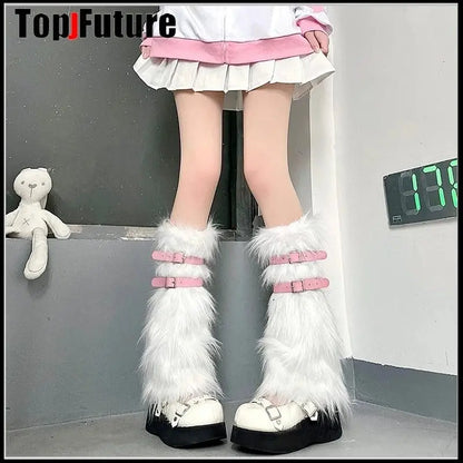 Women Spice Girl Harajuku Punk Black furry gothic Lolita furry Leg Warmer Women Winter Warmer Foot Cover Y2K Girl Leg warmers.