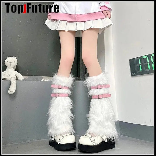 Women Spice Girl Harajuku Punk Black furry gothic Lolita furry Leg Warmer Women Winter Warmer Foot Cover Y2K Girl Leg warmers.
