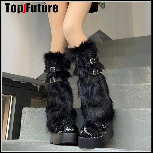 Women Spice Girl Harajuku Punk Black furry gothic Lolita furry Leg Warmer Women Winter Warmer Foot Cover Y2K Girl Leg warmers SS69