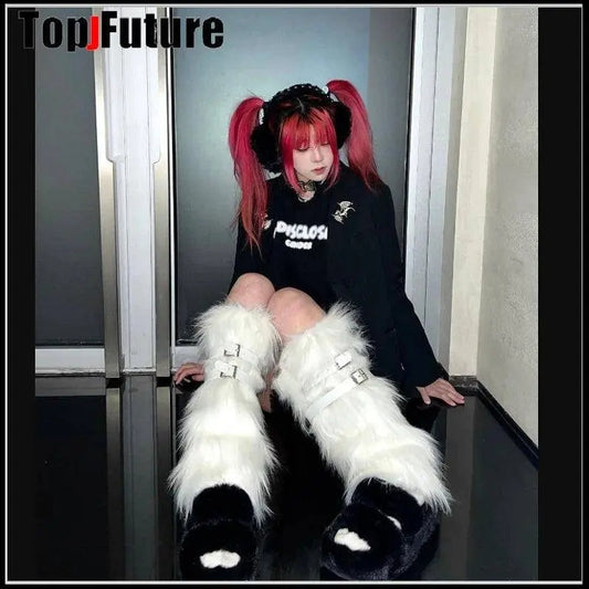 Women Spice Girl Harajuku Punk Black furry gothic Lolita furry Leg Warmer Women Winter Warmer Foot Cover Y2K Girl Leg warmers SS69