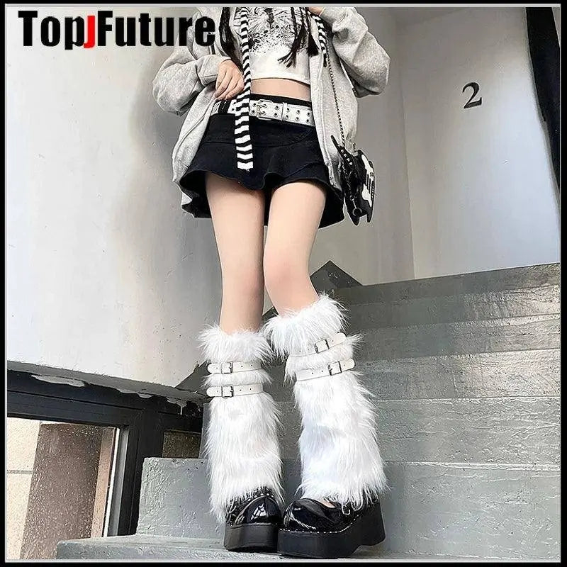 Women Spice Girl Harajuku Punk Black furry gothic Lolita furry Leg Warmer Women Winter Warmer Foot Cover Y2K Girl Leg warmers SS69